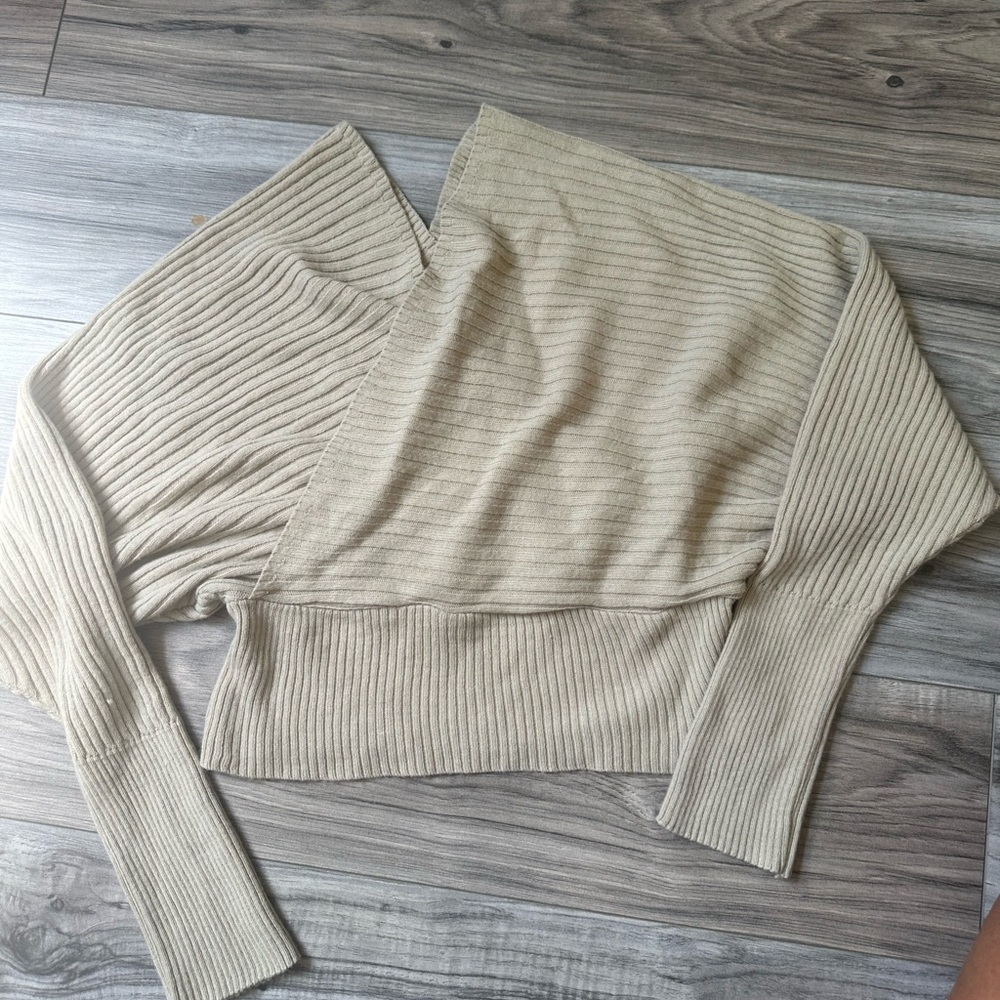 PrettyLittleThing Cream Ribbed Knit Wrap off the Shoulder Sweater Top in Stone M